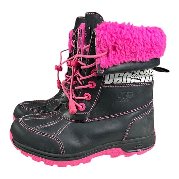 UGG Kids Waterproof Winter Boots Black Pink Fur Lined Lace Up Size 13 Outdoors - Picture 7 of 13